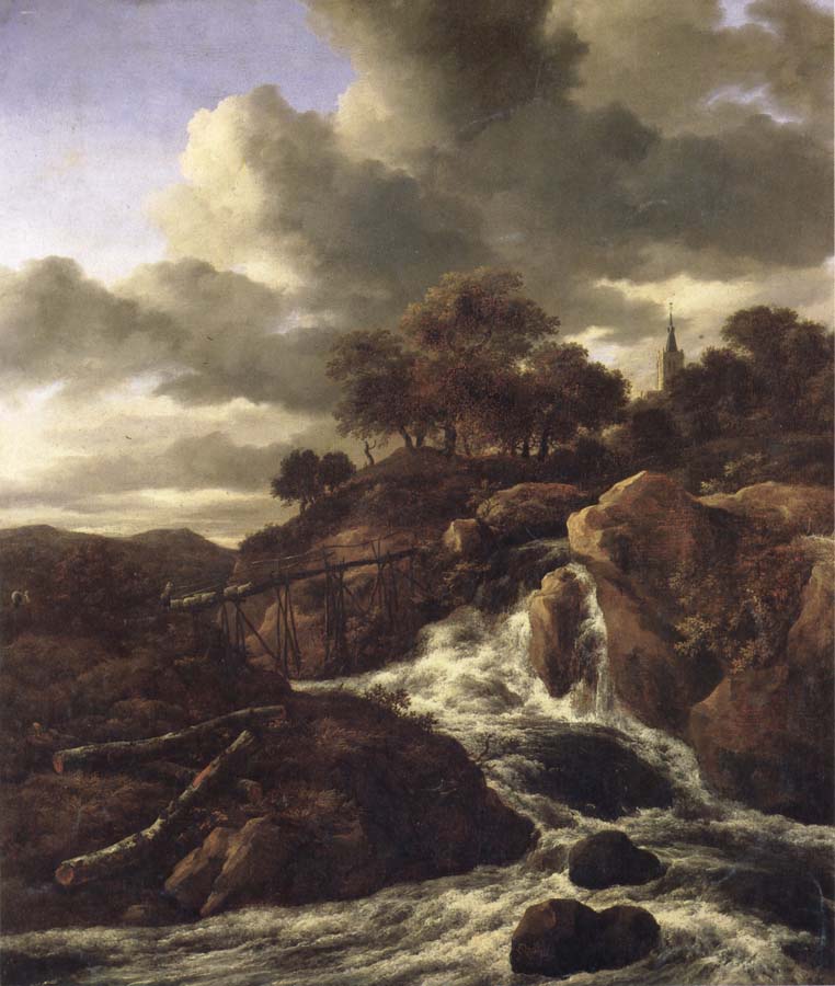 A Waterfall with Rocky Hilla and Trees